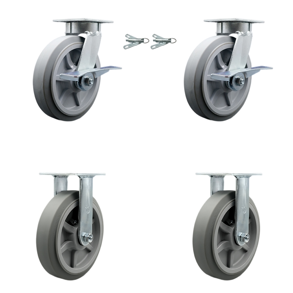 Kingpinless Thermo Rubber Flat Tread Swivel Top Plate Caster with 8 x 2 in. Gray Wheels - 2400 lbs Capacity - Set of 4