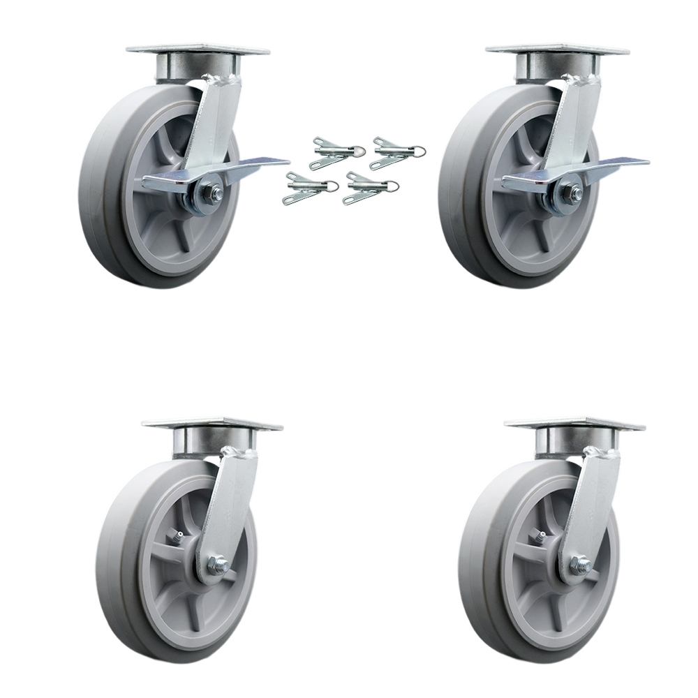 Kingpinless Thermo Rubber Flat Tread Swivel Top Plate Caster with 8 x 2 in. Gray Wheels - 2400 lbs Capacity - Set of 4