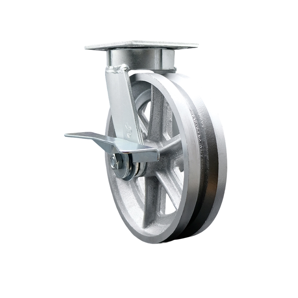Kingpinless V Groove Semi Steel Swivel Top Plate Caster with 8 x 2 in. Silver Wheel & Side Lock Brake - 1250 lbs Capacity per Caster
