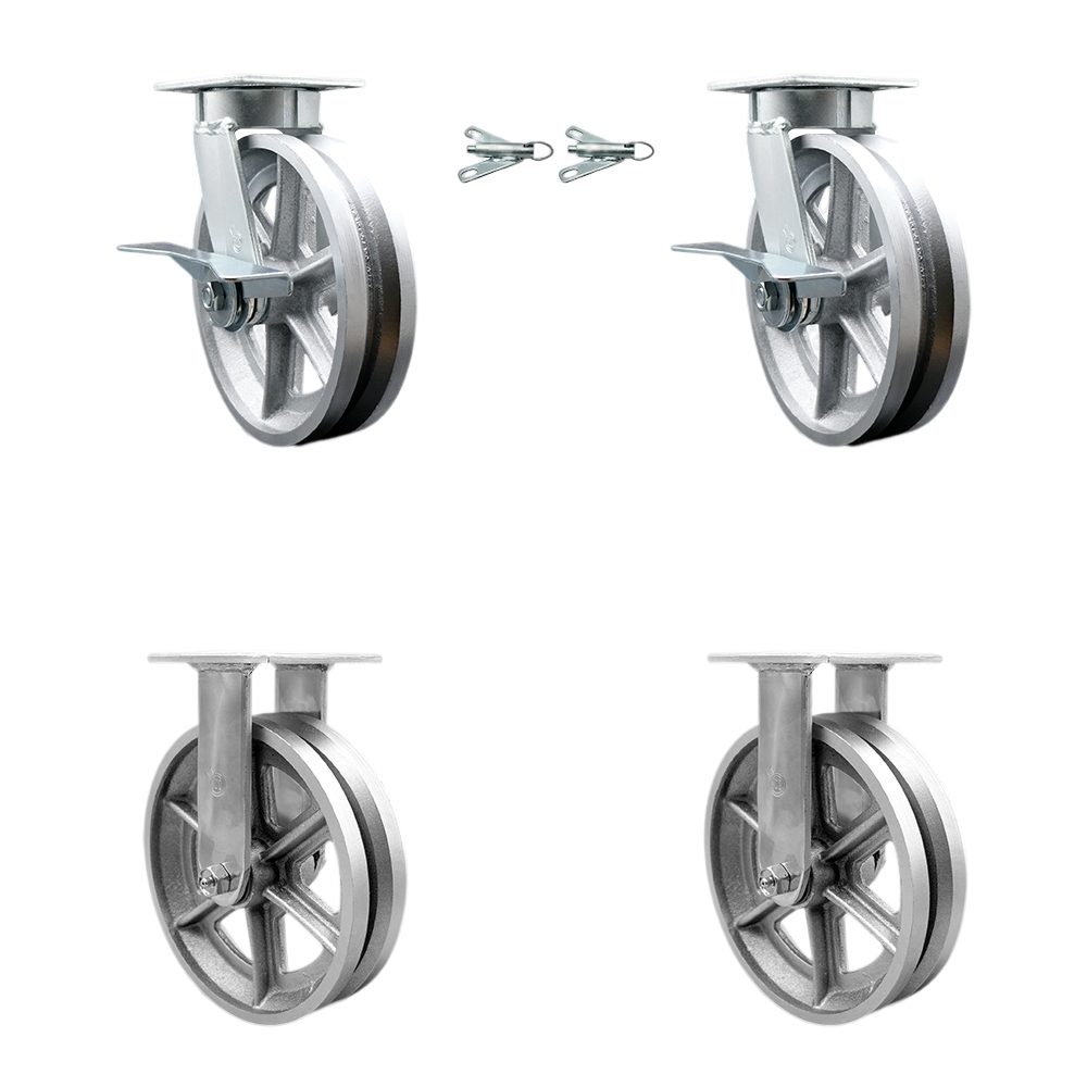 Kingpinless V Groove Semi Steel Swivel Top Plate Caster with 8 x 2 in. Silver Wheels - 5000 lbs Total Capacity - Set of 4