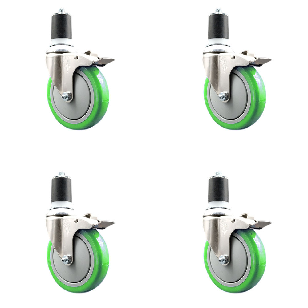 Polyurethane Swivel Stem Caster with 5 in. Green Caster Wheels, 1.75 in. Expanding Stems - 316 Stainless Steel Casters - Set of 4