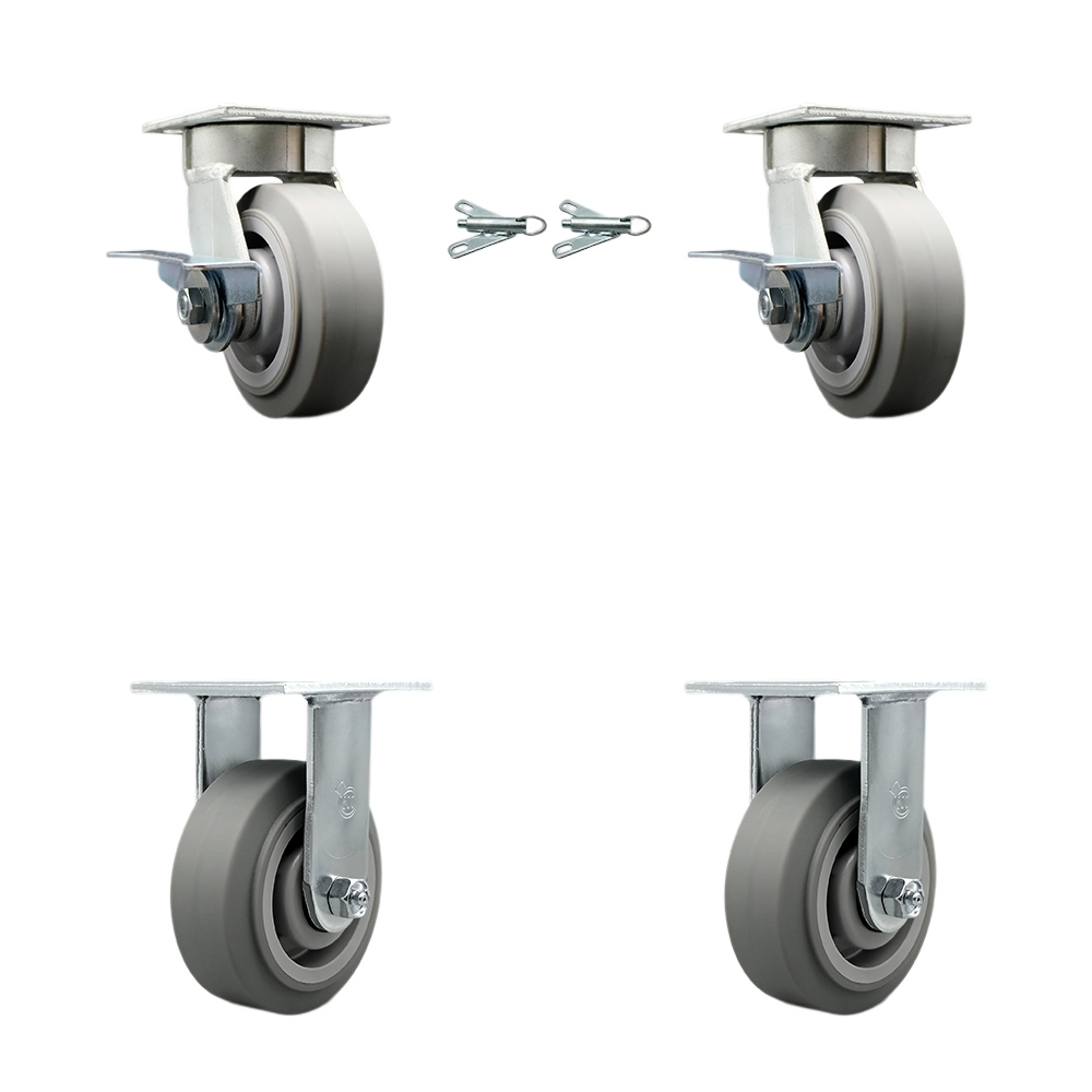 Kingpinless Thermo Rubber Flat Tread Swivel Top Plate Caster with 5 x 2 in. Gray Wheels - 1400 lbs Capacity - Set of 4