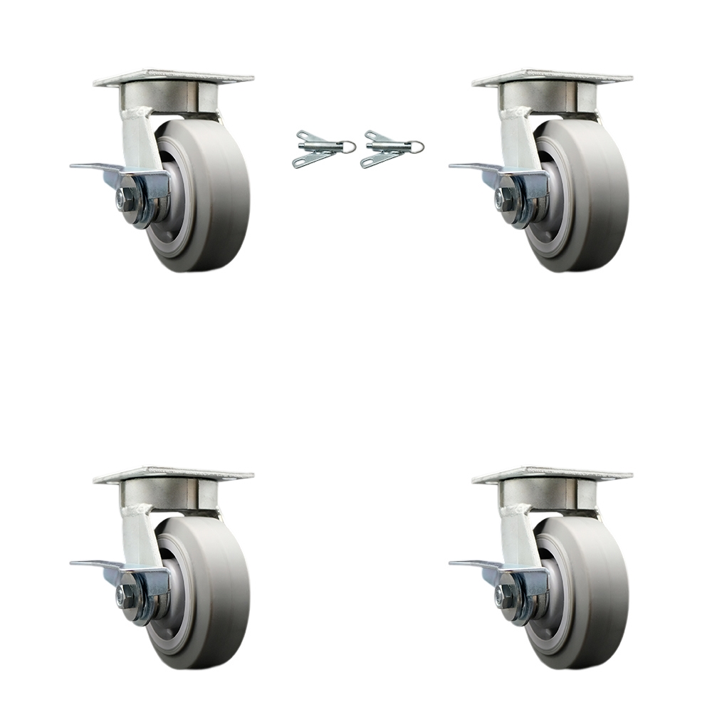 Kingpinless Thermo Rubber Flat Tread Swivel Top Plate Caster with 5 x 2 in. Gray Wheels - 1400 lbs Capacity - Set of 4
