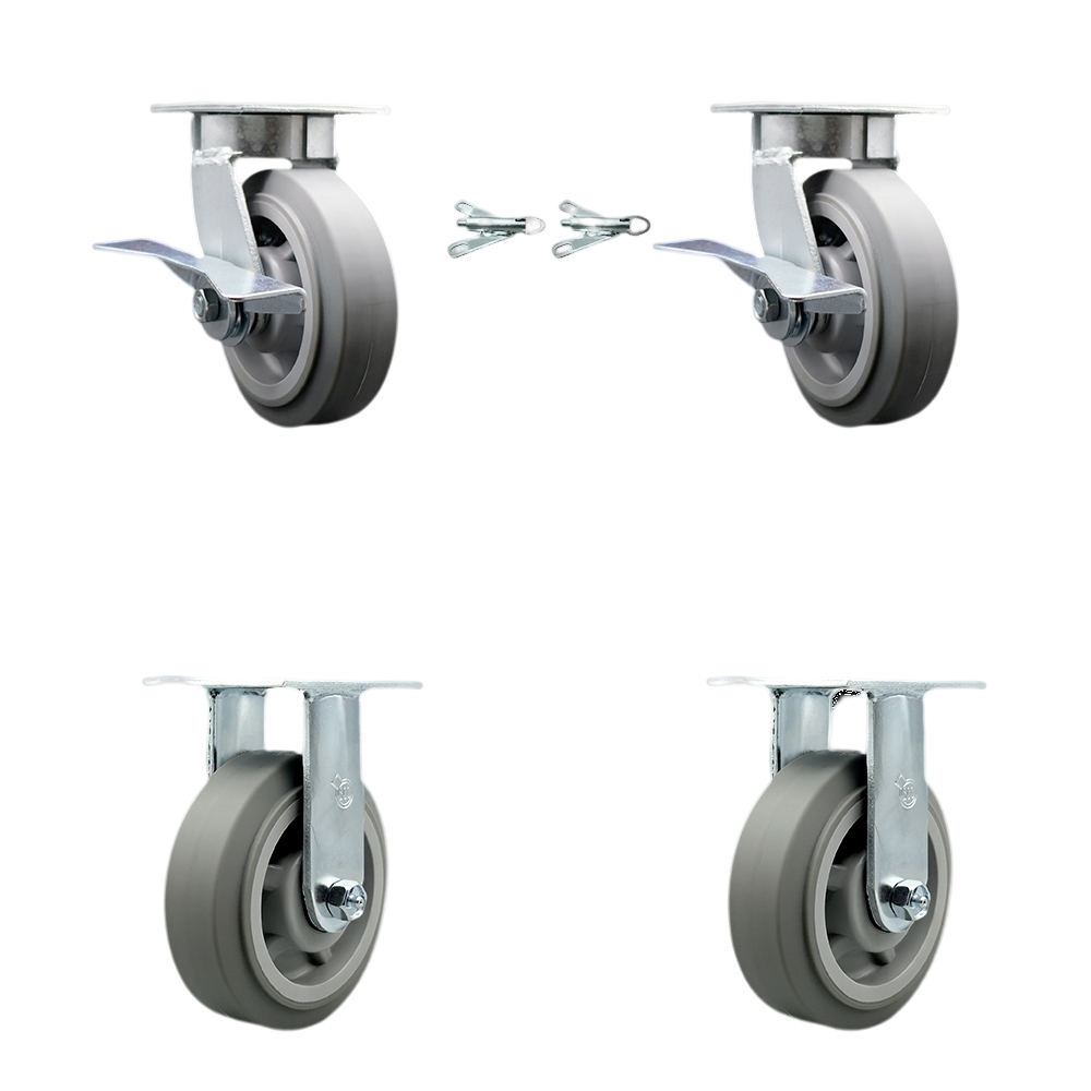 Kingpinless Thermo Rubber Flat Tread Swivel Top Plate Caster with 6 x 2 in. Gray Wheels - 2000 lbs Capacity - Set of 4