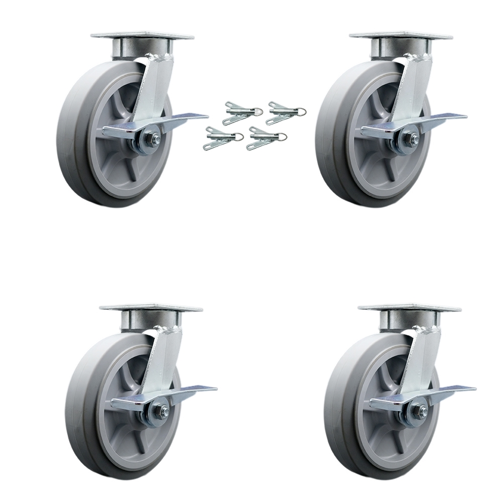 Kingpinless Thermo Rubber Flat Tread Swivel Top Plate Caster with 8 x 2 in. Gray Wheels - 2400 lbs Total Capacity - Set of 4