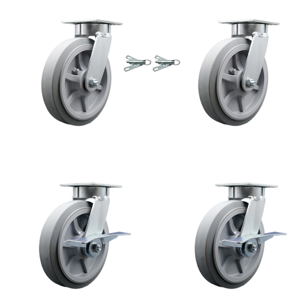 SCC-KP30S820-TPRRF-BSL-2-SLB-2 Kingpinless Thermo Rubber Flat Tread Swivel Top Plate Caster with 8 x 2 in. Gray Wheels - 2400 lbs Capacity - Set of 4