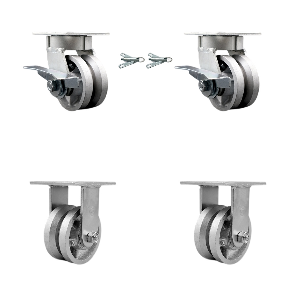 Kingpinless V Groove Semi Steel Swivel Top Plate Caster with 4 x 2 in. Silver Wheels - 3200 lbs Total Capacity - Set of 4