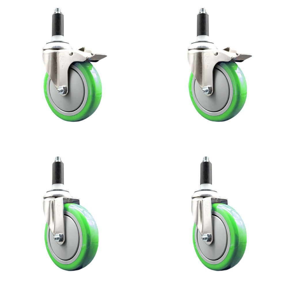 Polyurethane Swivel Stem Caster with 5 in. Green Caster Wheels, 1 in. Expanding Stem - 316 Stainless Steel Casters - Set of 4