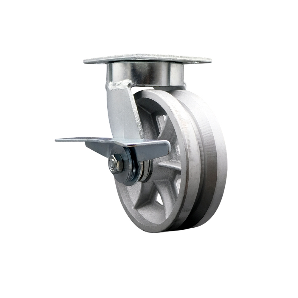 Kingpinless V Groove Semi Steel Swivel Top Plate Caster with 6 x 2 in. Silver Wheel & Side Lock Brake - 1200 lbs Capacity per Caster