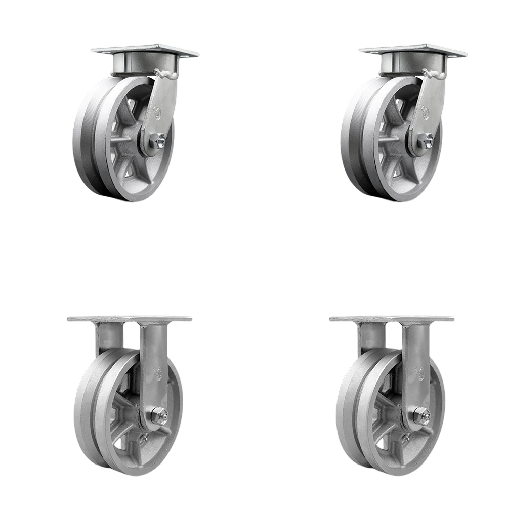 SCC-KP30S620-VGR-2-R-2 Kingpinless V Groove Semi Steel Swivel Top Plate Caster with 6 x 2 in. Silver Wheels - 4800 lbs Total Capacity - Set of 4