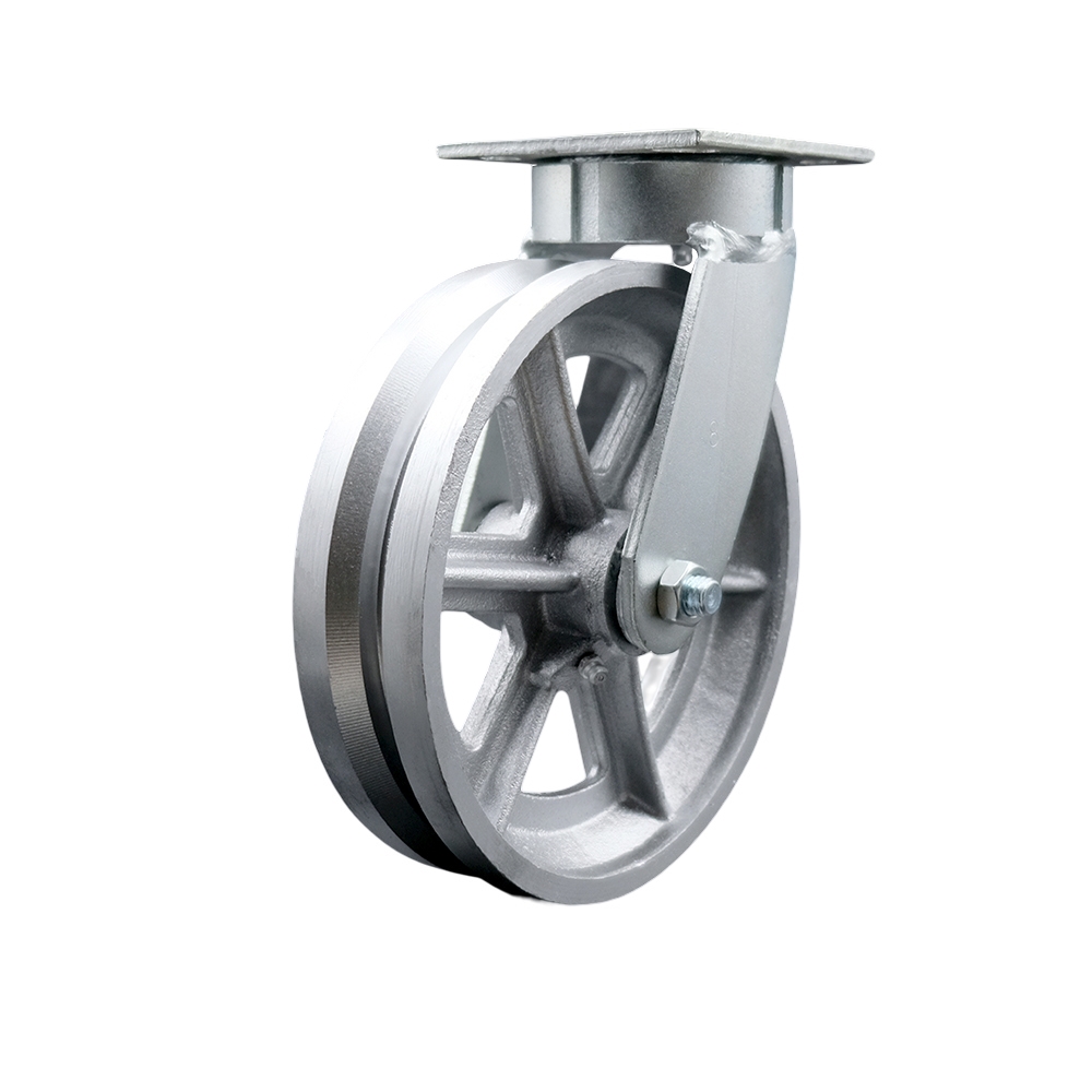 SCC-KP30S820-VGR Kingpinless V Groove Semi Steel Swivel Top Plate Caster with 8 x 2 in. Silver Wheel - 1250 lbs Capacity per Caster