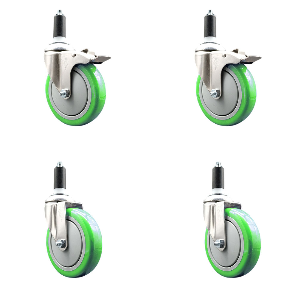 Polyurethane Swivel Stem Caster with 5 in. Green Caster Wheels, 1.25 in. Expanding Stem - 316 Stainless Steel Casters - Set of 4