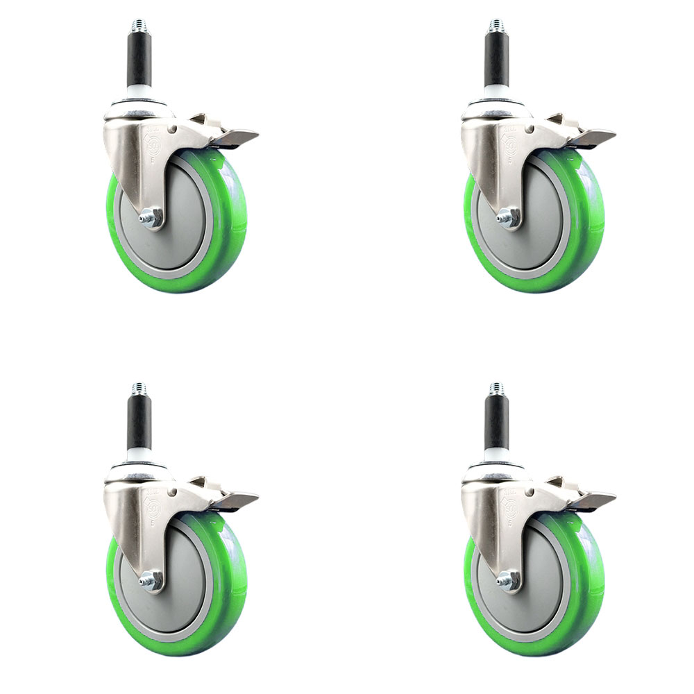 Polyurethane Swivel Stem Caster with 5 in. Green Caster Wheels, 0.75 in. Expanding Stems - 316 Stainless Steel Casters - Set of 4