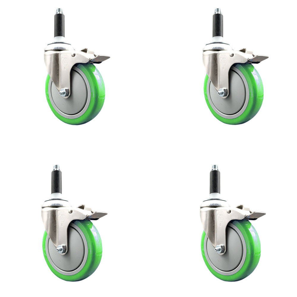 Polyurethane Swivel Stem Caster with 5 in. Green Caster Wheels, 0.87 in. Expanding Stems - 316 Stainless Steel Casters - Set of 4