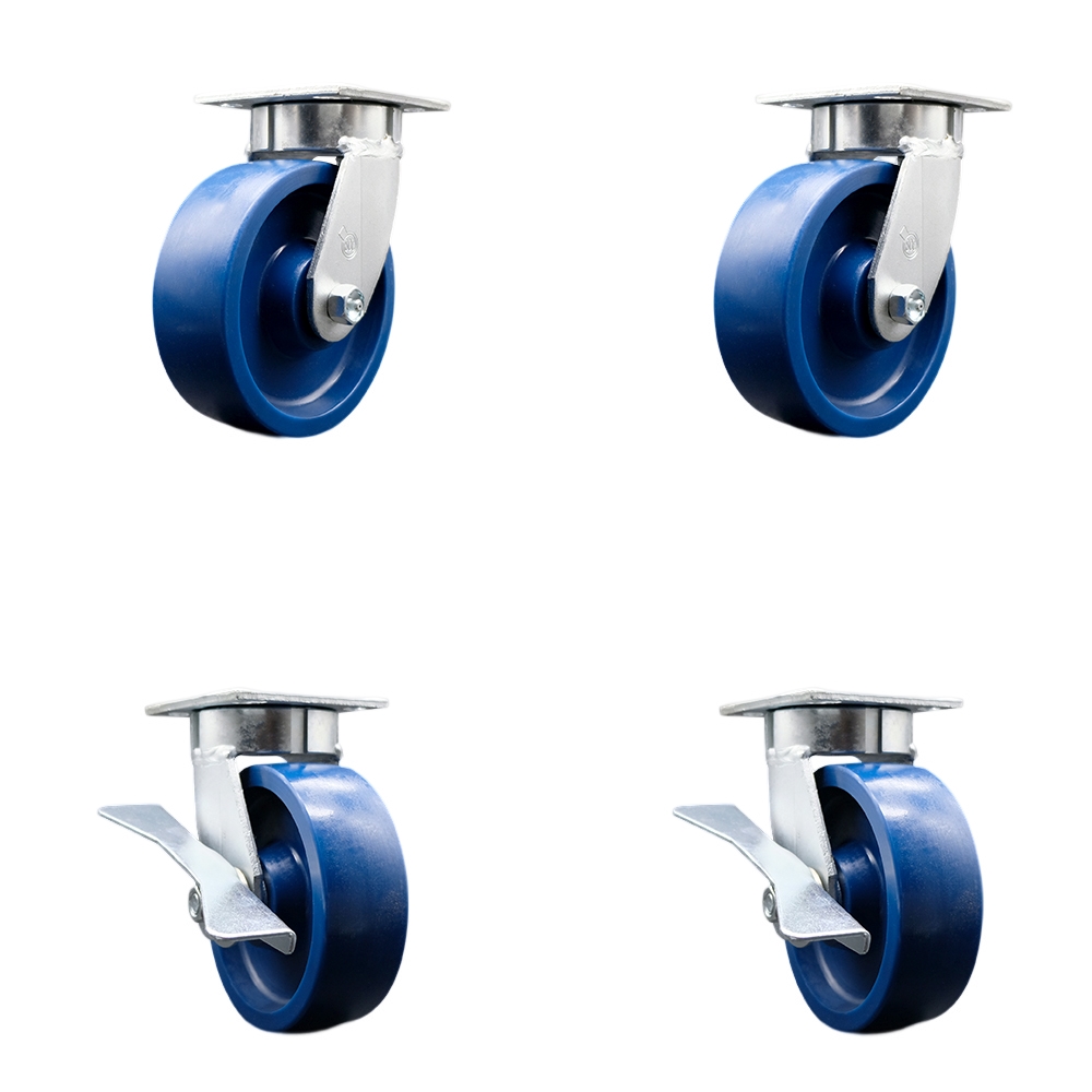 SCC-KP30S620-SPUR-2-SLB-2 Kingpinless Solid Polyurethane Swivel Top Plate Caster with 6 x 2 in. Blue Wheels - 4800 lbs Total Capacity - Set of 4