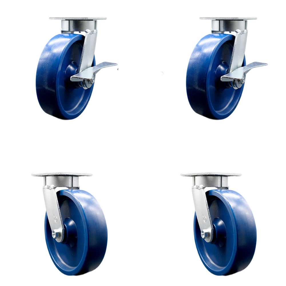SCC-KP30S820-SPUR-SLB-BSL-2-BSL-2 Kingpinless Solid Polyurethane Swivel Top Plate Caster with 8 x 2 in. Blue Wheels - 4800 lbs Capacity - Set of 4