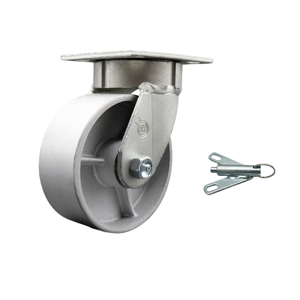 Kingpinless Semi Steel Cast Iron Swivel Top Plate Caster with 6 x 2 in. Silver Wheel & Bolt on Swivel Lock - 1200 lbs Capacity per Caster