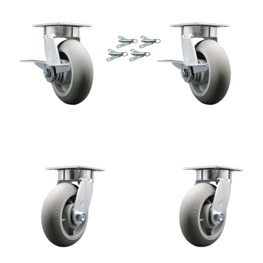 Kingpinless Thermo Rubber Donut Tread Swivel Top Plate Caster with 6 x 2 in. Gray Wheels - 2000 lbs Capacity - Set of 4
