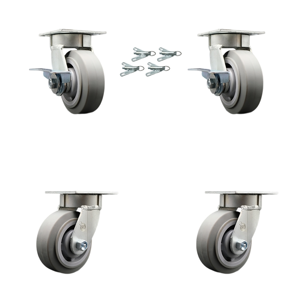 Kingpinless Thermo Rubber Flat Tread Swivel Top Plate Caster with 5 x 2 in. Gray Wheels - 1400 lbs Capacity - Set of 4