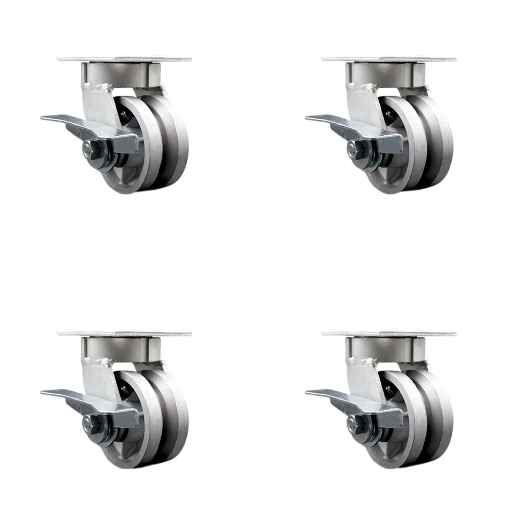 SCC-KP30S420-VGR-SLB-BSL-4 Kingpinless V Groove Semi Steel Swivel Top Plate Caster with 4 x 2 in. Silver Wheels - 3200 lbs Total Capacity - Set of 4