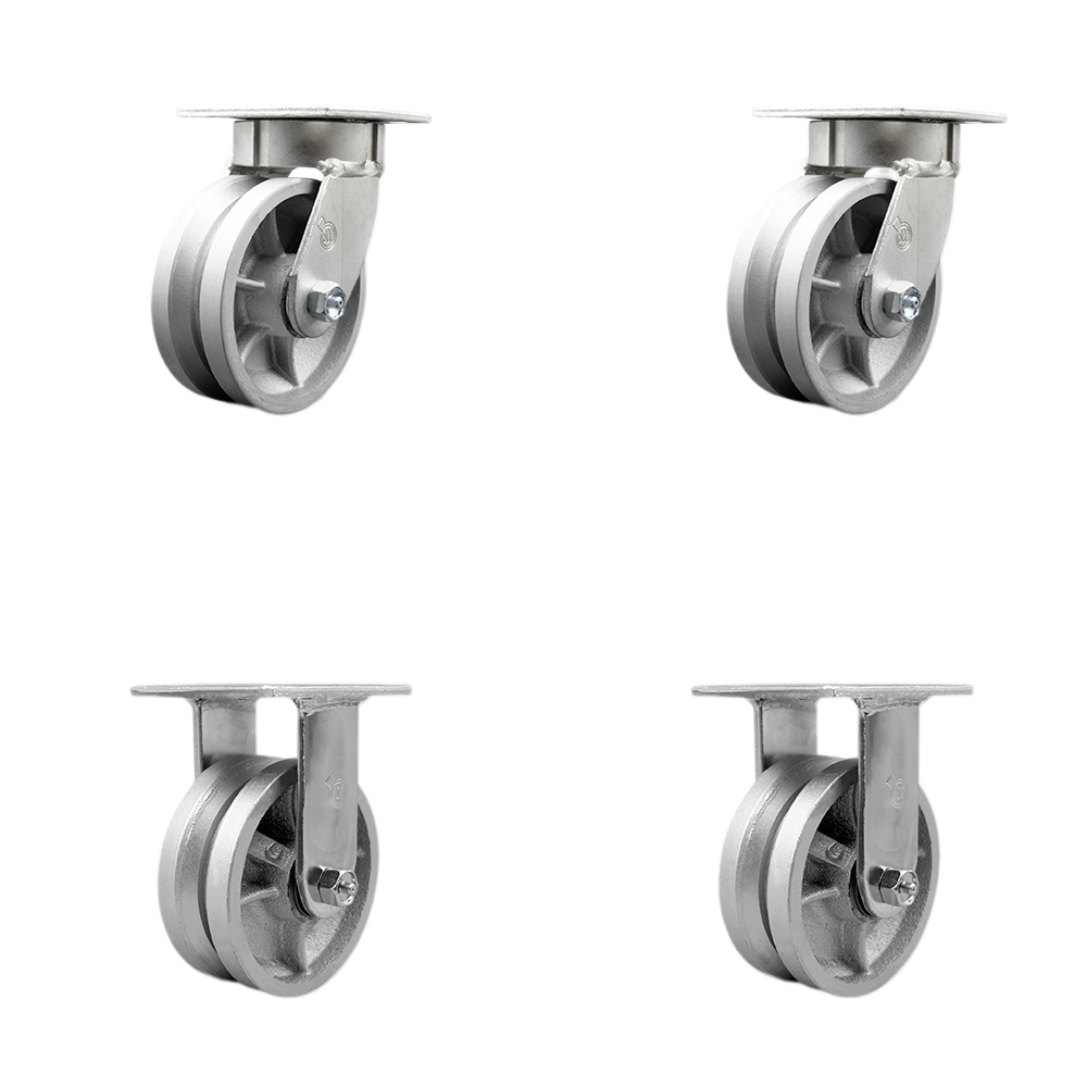 SCC-KP30S520-VGR-2-R-2 Kingpinless V Groove Semi Steel Swivel Top Plate Caster with 5 x 2 in. Silver Wheels - 4400 lbs Total Capacity - Set of 4