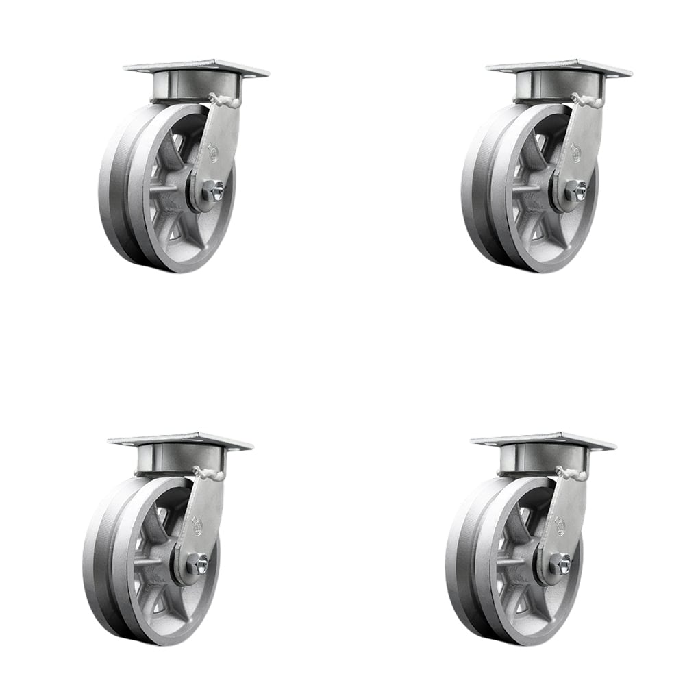 SCC-KP30S620-VGR-4 Kingpinless V Groove Semi Steel Swivel Top Plate Caster with 6 x 2 in. Silver Wheels - 4800 lbs Total Capacity - Set of 4