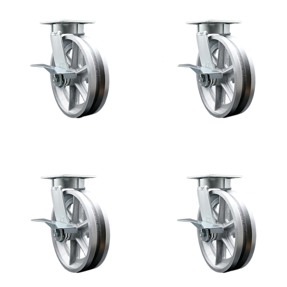 SCC-KP30S820-VGR-SLB-BSL-4 Kingpinless V Groove Semi Steel Swivel Top Plate Caster with 8 x 2 in. Silver Wheels - 5000 lbs Total Capacity - Set of 4