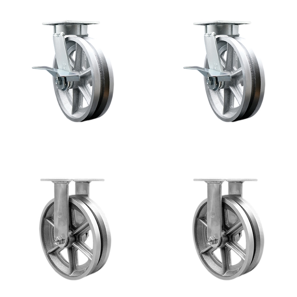 SCC-KP30S820-VGR-2-R-2 Kingpinless V Groove Semi Steel Swivel Top Plate Caster with 8 x 2 in. Silver Wheels - 5000 lbs Total Capacity - Set of 4