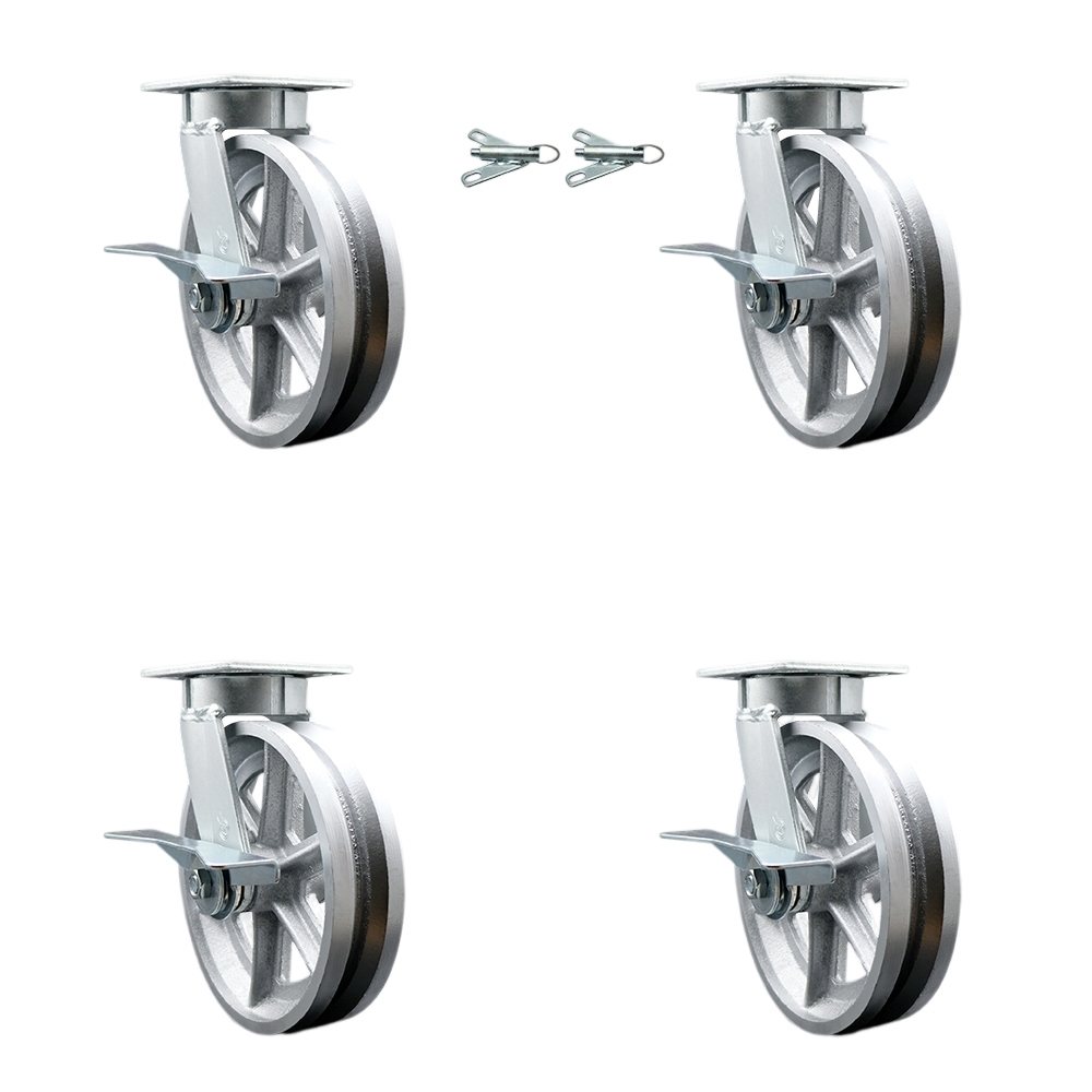 SCC-KP30S820-VGR-SLB-BSL-2-SLB-2 Kingpinless V Groove Semi Steel Swivel Top Plate Caster with 8 x 2 in. Silver Wheels - 5000 lbs Capacity - Set of 4