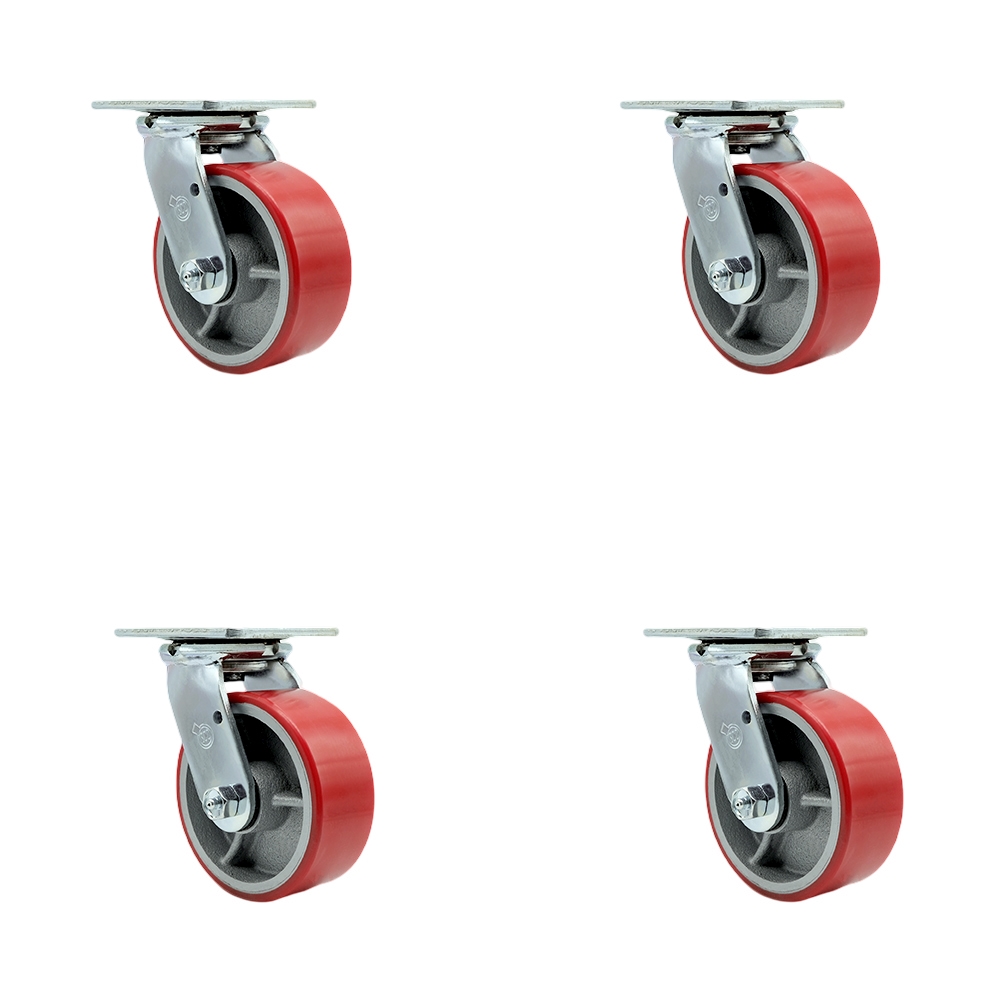 Polyurethane on Cast Iron Swivel Top Plate Casters, Heavy Duty with 5 in. Red Wheels - 4000 lbs Total Capacity - Set of 4