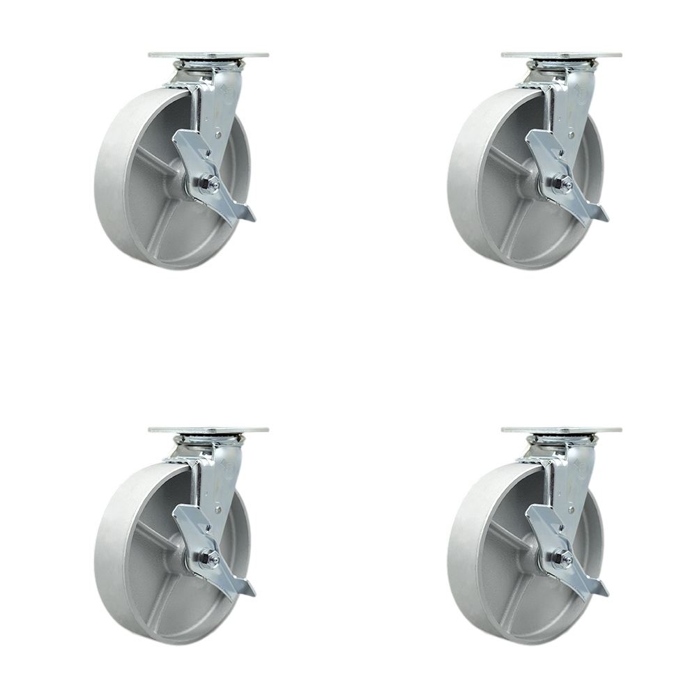 SCC-30CS820-SSR-TLB-BSL-4 Semi Steel Cast Iron Swivel Top Plate Casters, Heavy Duty with 8 in. Wheels - 5000 lbs Total Capacity - Set of 4