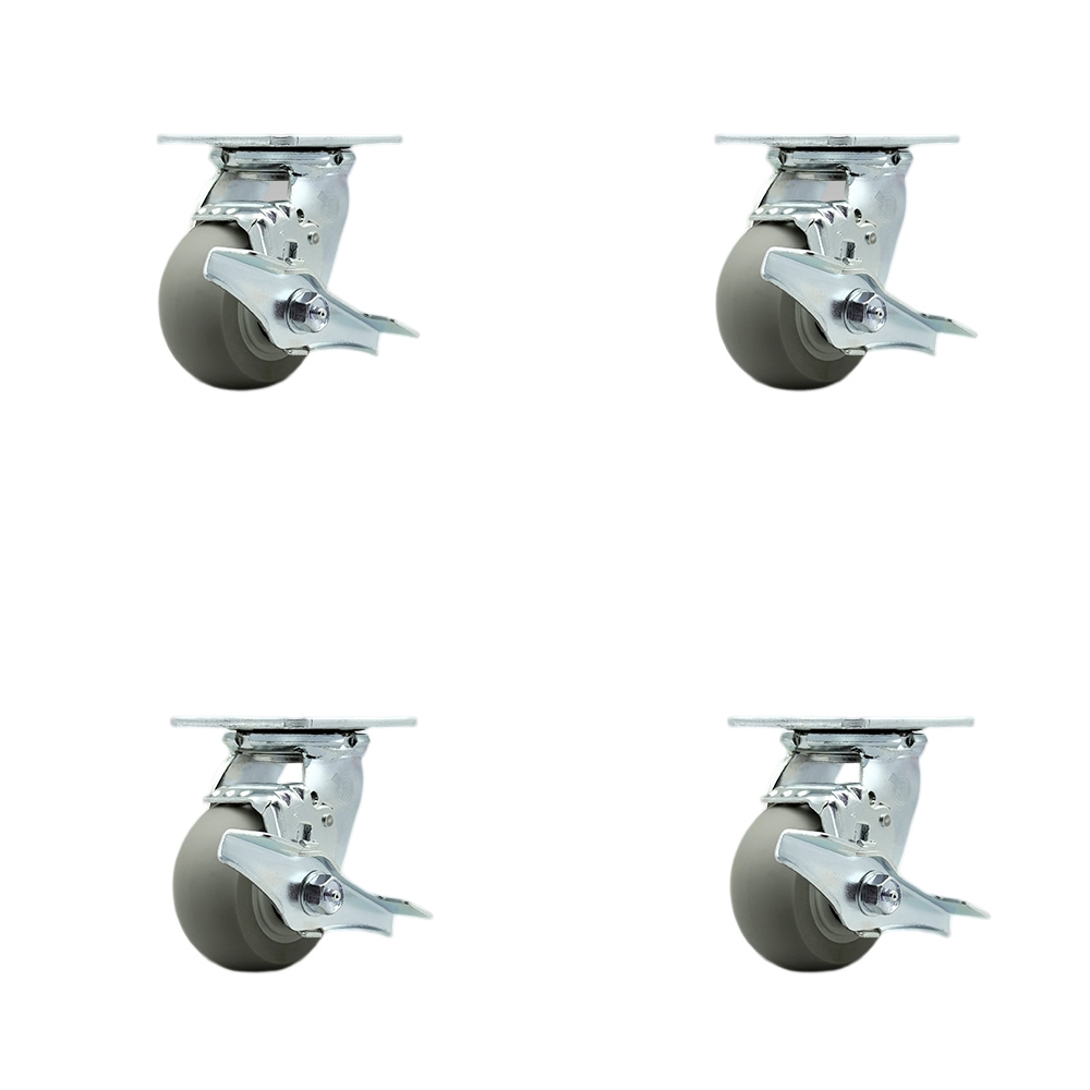 SCC-SS30S420-TPRRD-TLB-BSL-4 Stainless Steel Thermoplastic Rubber Donut Tread Swivel Top Plate Casters, Heavy Duty with 4 in. Wheels - Set of 4