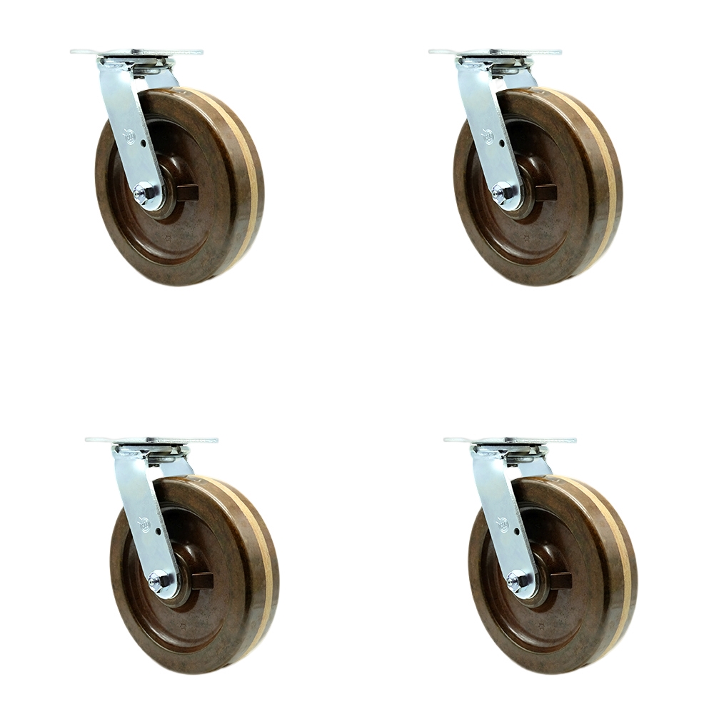 SCC-30CS820-PHRHT-BSL-4 High Temperature Phenolic Swivel Top Plate Casters, Heavy Duty with 8 in. Wheels - 5000 lbs Total Capacity - Set of 4