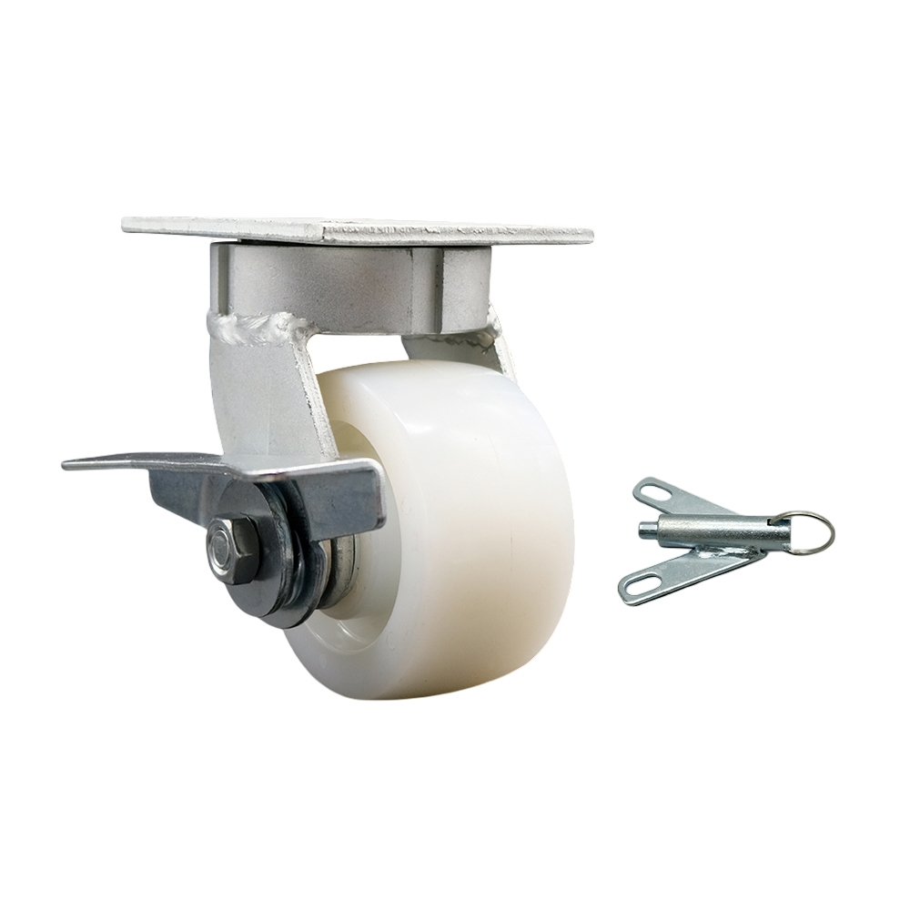 Kingpinless Nylon Swivel Top Plate Caster with 4 x 2 in. White Wheel & Side Lock Brake & Bolt on Swivel Lock - 800 lbs Capacity per Caster