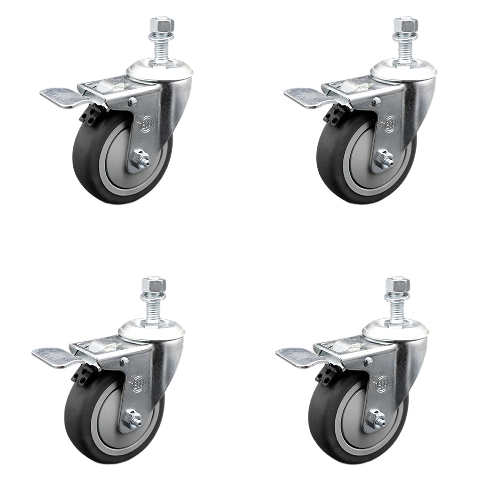 Thermoplastic Rubber Swivel Threaded Stem Caster with 4 x 1.25 in. Gray Wheels & 0.37 in. Stems - 1000 lbs Total Capacity - Set of 4