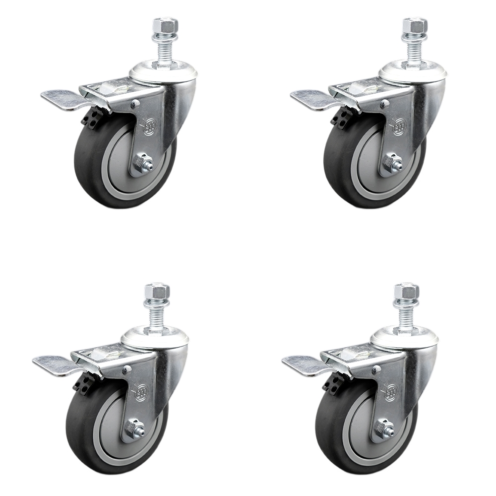 Stainless Steel Thermoplastic Rubber Swivel Threaded Stem Caster with 4 x 1.25 in. Gray Wheels & 0.37 in. Stems - 1000 lbs Total Capacity - Set of 4