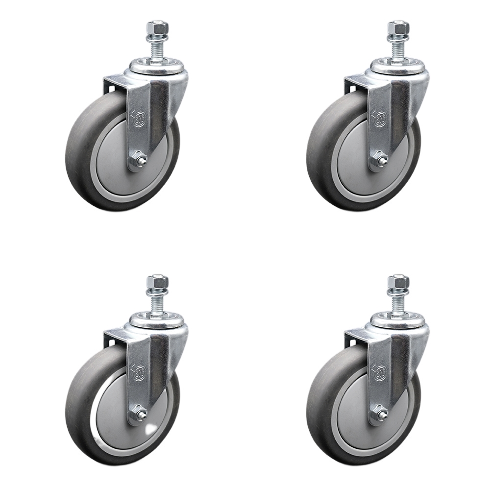 Stainless Steel Thermoplastic Rubber Swivel Threaded Stem Caster with 5 x 1.25 in. Gray Wheels & 10 mm Stems - 1200 lbs Total Capacity - Set of 4