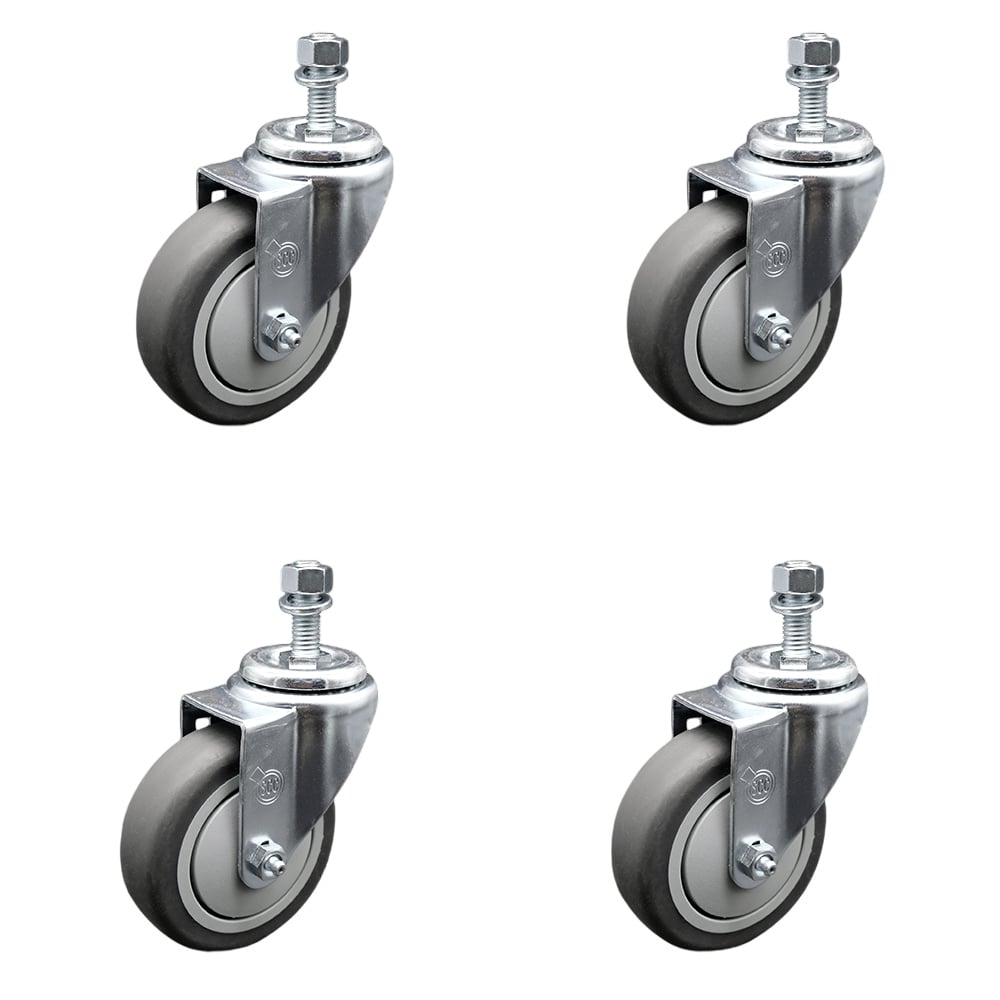Thermoplastic Rubber Swivel Threaded Stem Caster with 4 x 1.25 in. Gray Wheels & 12 mm Stems - 1000 lbs Total Capacity - Set of 4