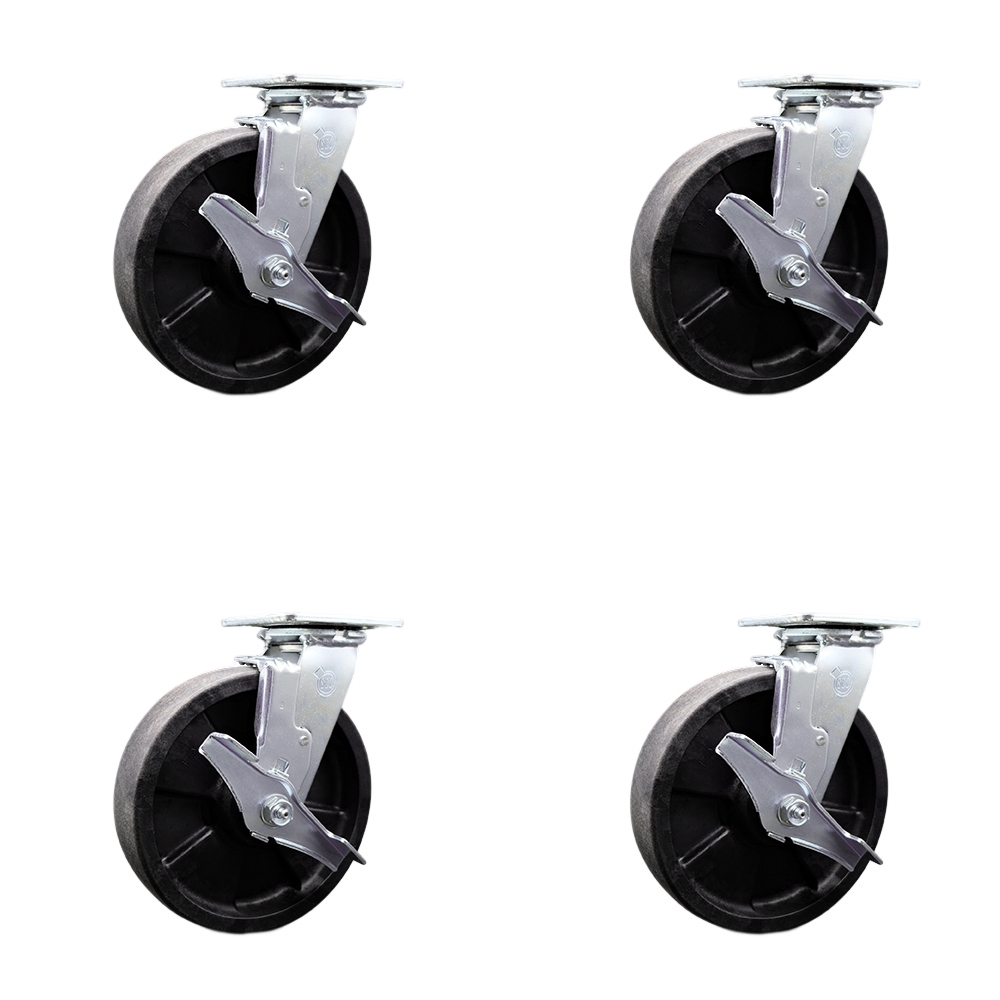 SCC-30CS820-GFNR-TLB-BSL-4 Glass Filled Nylon Swivel Top Plate Casters, Heavy Duty with 8 in. Wheels - 5000 lbs Total Capacity - Set of 4