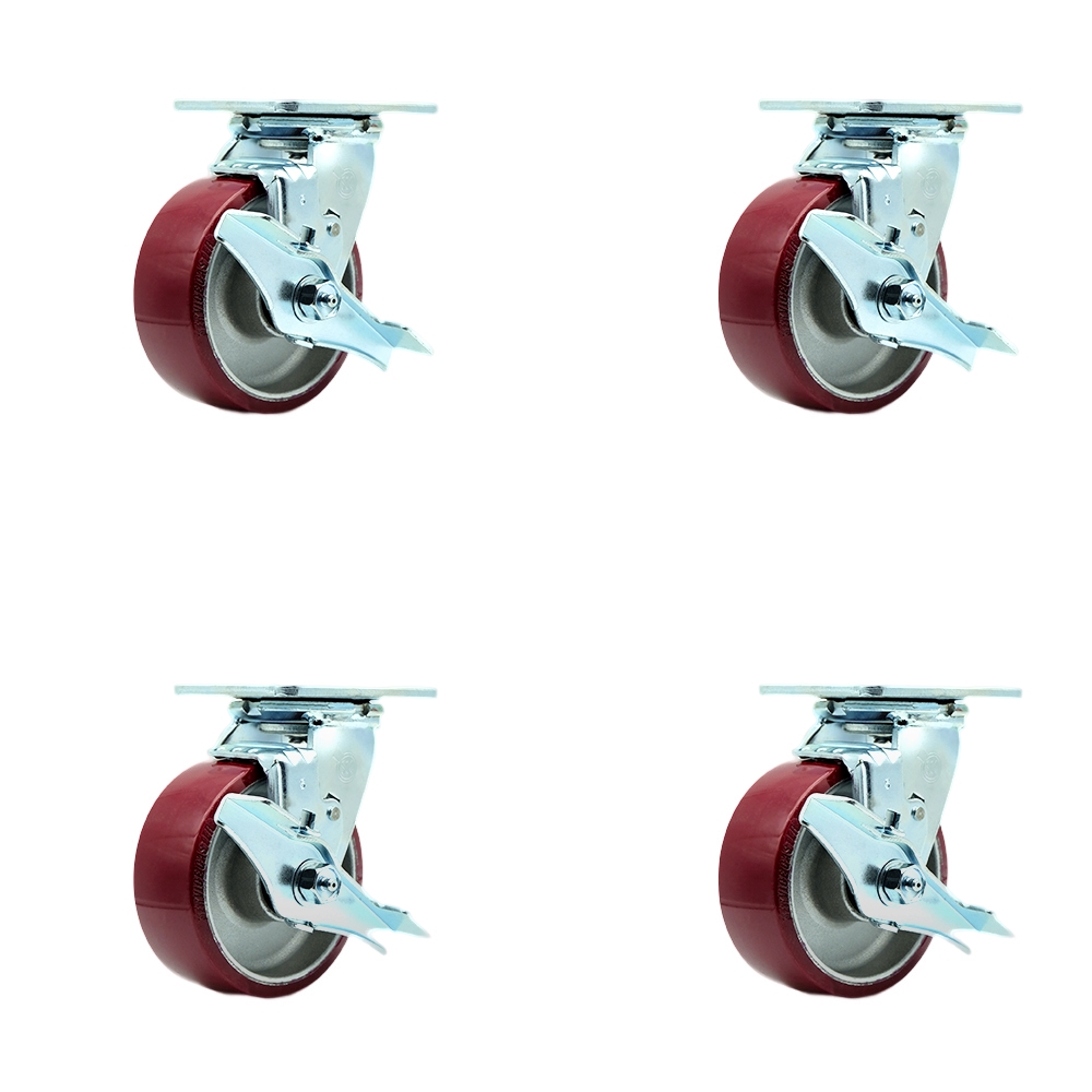 Stainless Steel Polyurethane on Aluminum Swivel Top Plate Casters, Heavy Duty with 5 in. Wheels - 3600 lbs Total Capacity - Set of 4