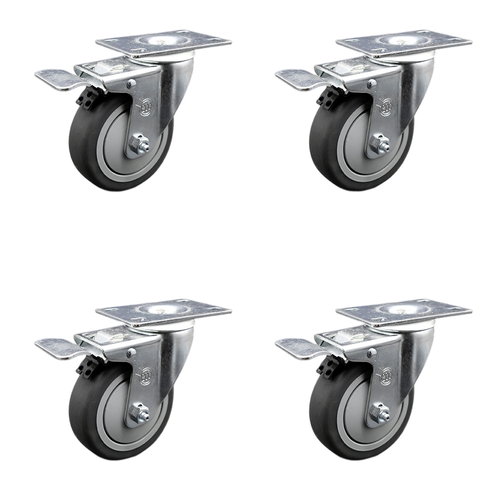 Stainless Steel Thermoplastic Rubber Swivel Top Plate Caster with 4 x 1.25 in. Gray Wheels - 1000 lbs Total Capacity - Set of 4