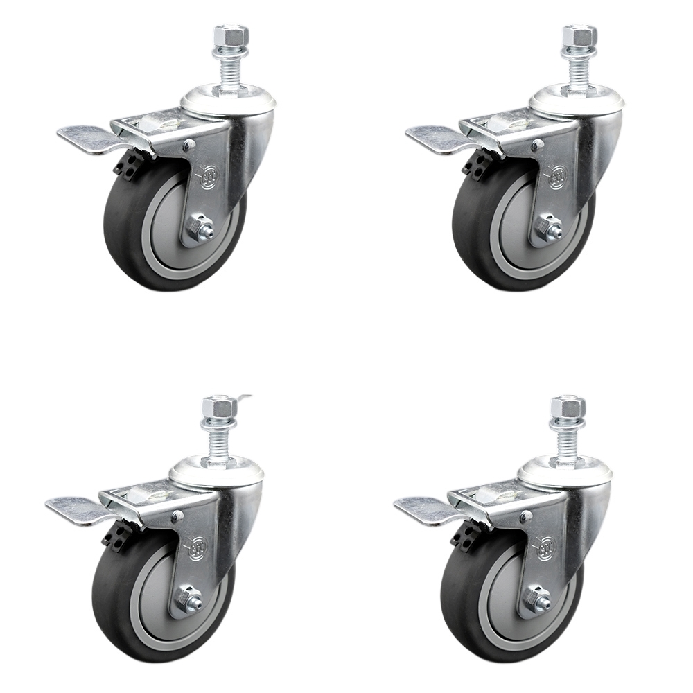 Stainless Steel Thermoplastic Rubber Swivel Threaded Stem Caster with 4 x 1.25 in. Gray Wheels & 0.50 in. Stems - 1000 lbs Total Capacity - Set of 4