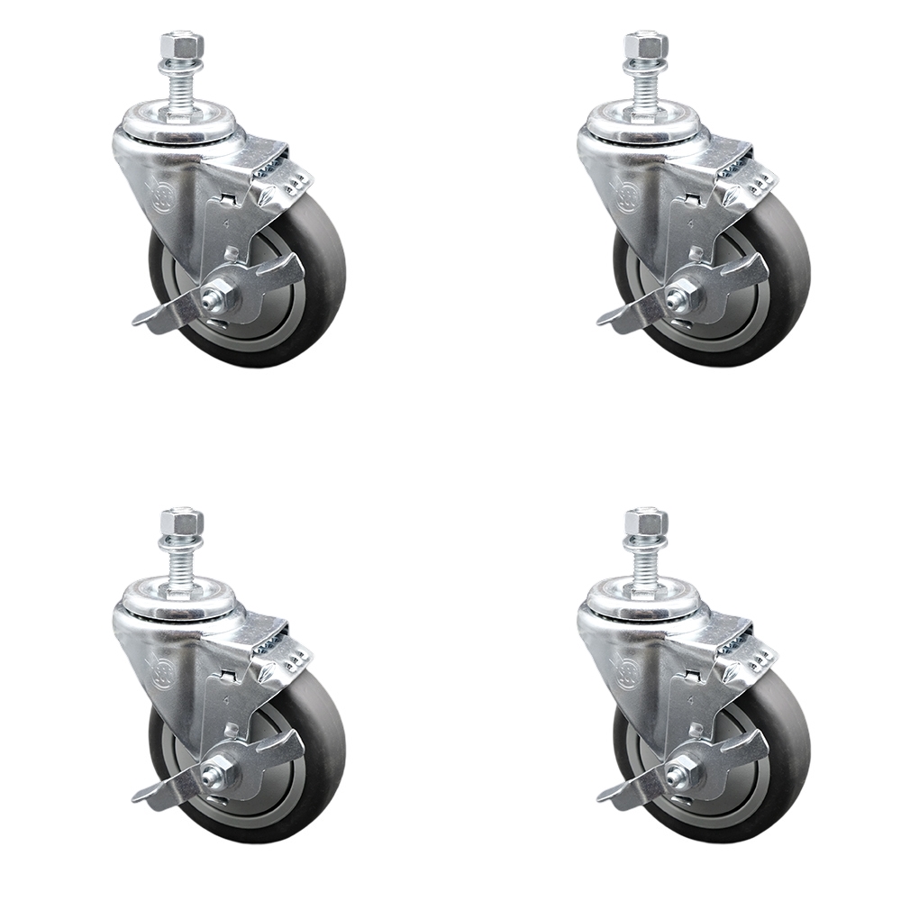 Thermoplastic Rubber Swivel Threaded Stem Caster with 4 x 1.25 in. Gray Wheels & 0.37 in. Stems - 1000 lbs Total Capacity - Set of 4