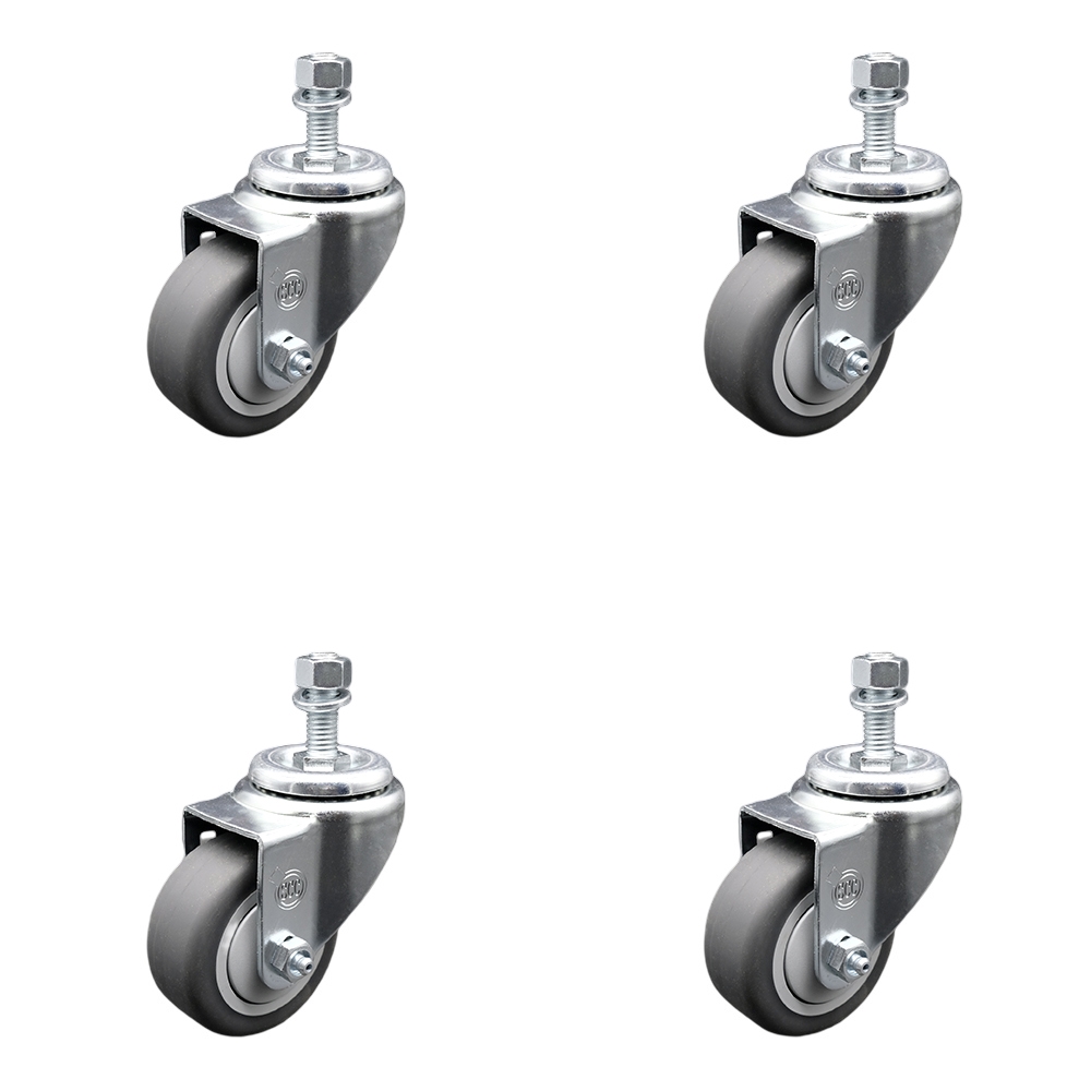 Stainless Steel Thermoplastic Rubber Swivel Threaded Stem Caster with 3 x 1.25 in. Gray Wheels & 0.37 in. Stems - 840 lbs Total Capacity - Set of 4