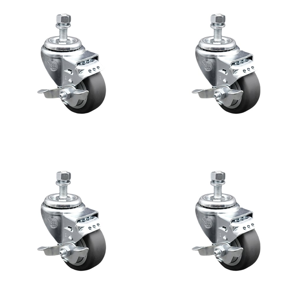Stainless Steel Thermoplastic Rubber Swivel Threaded Stem Caster with 3 x 1.25 in. Gray Wheels & 0.37 in. Stems - 840 lbs Total Capacity - Set of 4