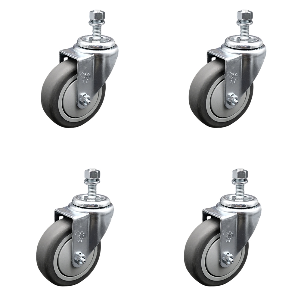 Stainless Steel Thermoplastic Rubber Swivel Threaded Stem Caster with 4 x 1.25 in. Gray Wheels & 12 mm Stems - 1000 lbs Total Capacity - Set of 4