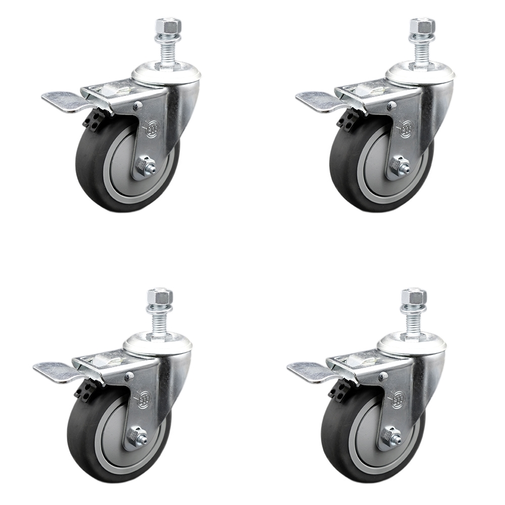Stainless Steel Thermoplastic Rubber Swivel Threaded Stem Caster with 4 x 1.25 in. Gray Wheels & 12 mm Stems - 1000 lbs Total Capacity - Set of 4