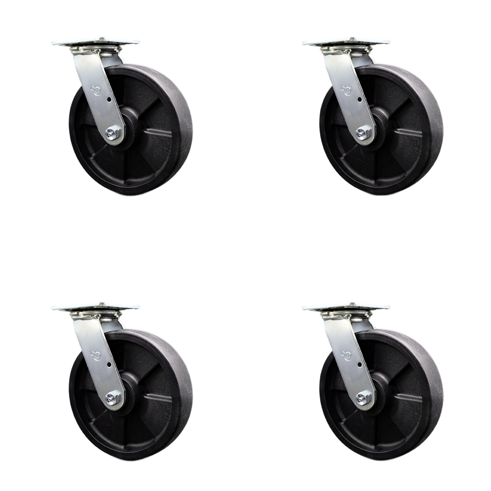 SCC-30CS820-GFNR-4 Glass Filled Nylon Swivel Top Plate Casters, Heavy Duty with 8 in. Wheels - 5000 lbs Total Capacity - Set of 4