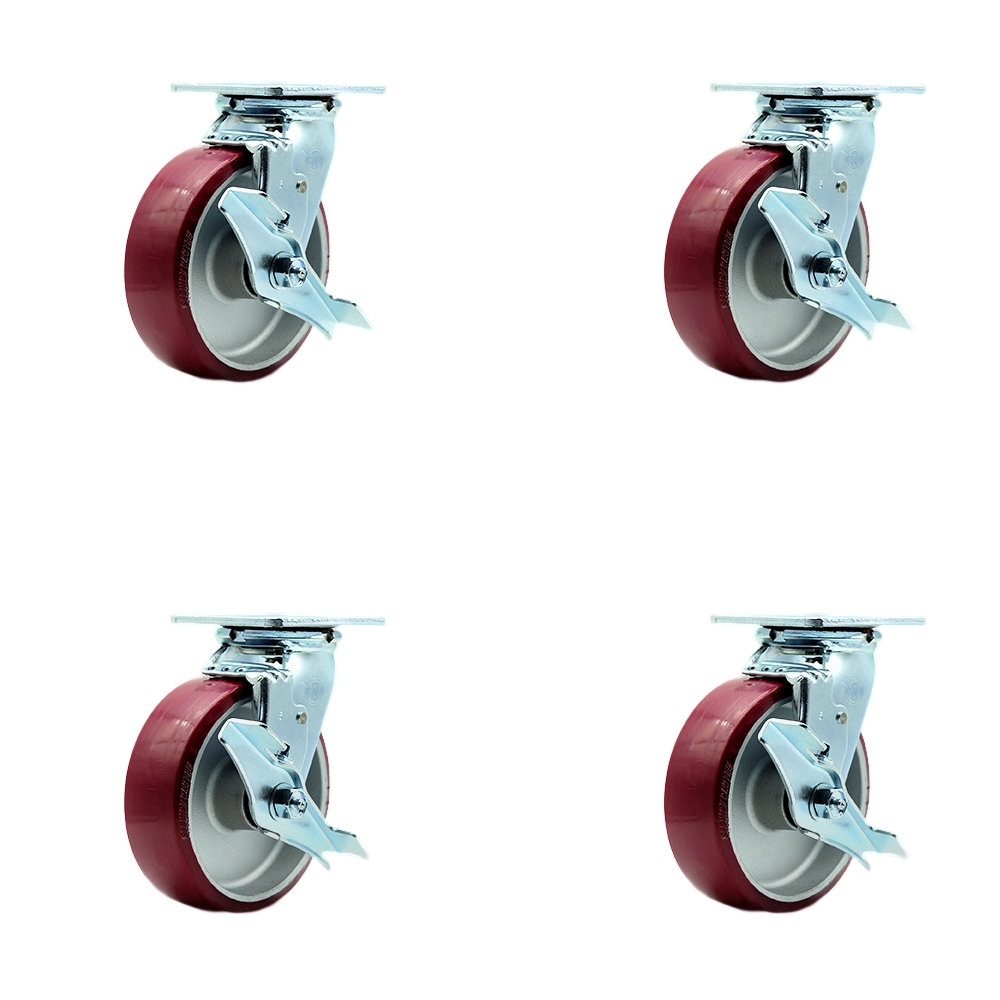 Stainless Steel Polyurethane on Aluminum Swivel Top Plate Casters, Heavy Duty with 6 in. Wheels - 4800 lbs Total Capacity - Set of 4