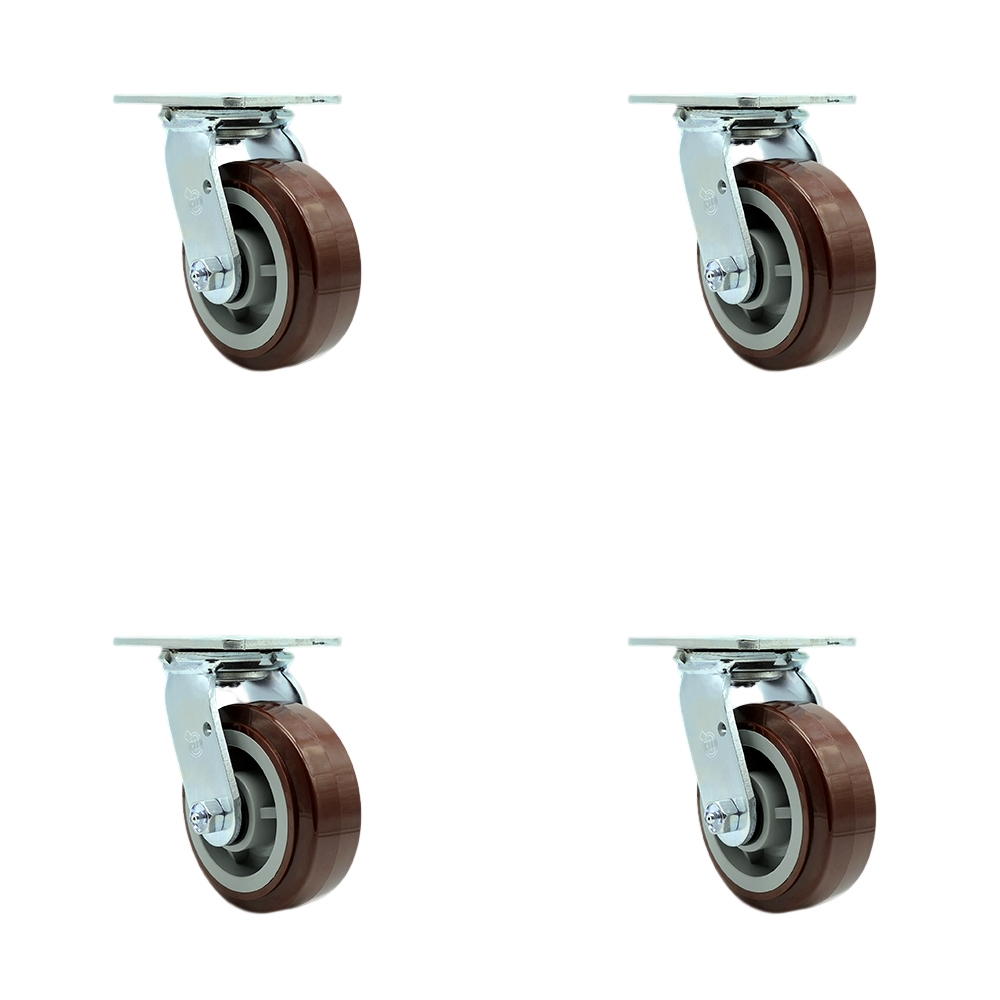 SCC-30CS520-PPUR-BSL-4 Polyurethane Swivel Top Plate Casters, Heavy Duty with 5 in. Wheels - 3000 lbs Total Capacity - Set of 4